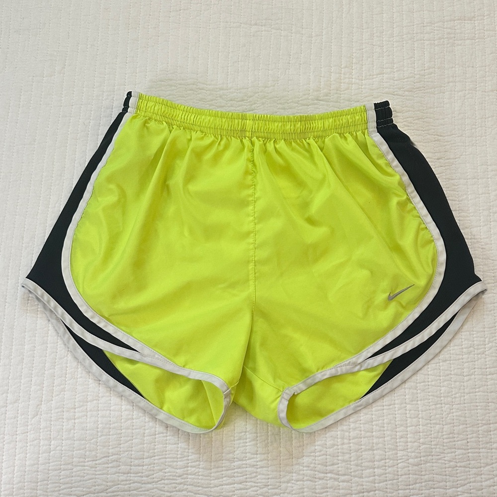 Nike Women’s Neon Yellow and Black Athletic Running Shorts with Silver Trim S
